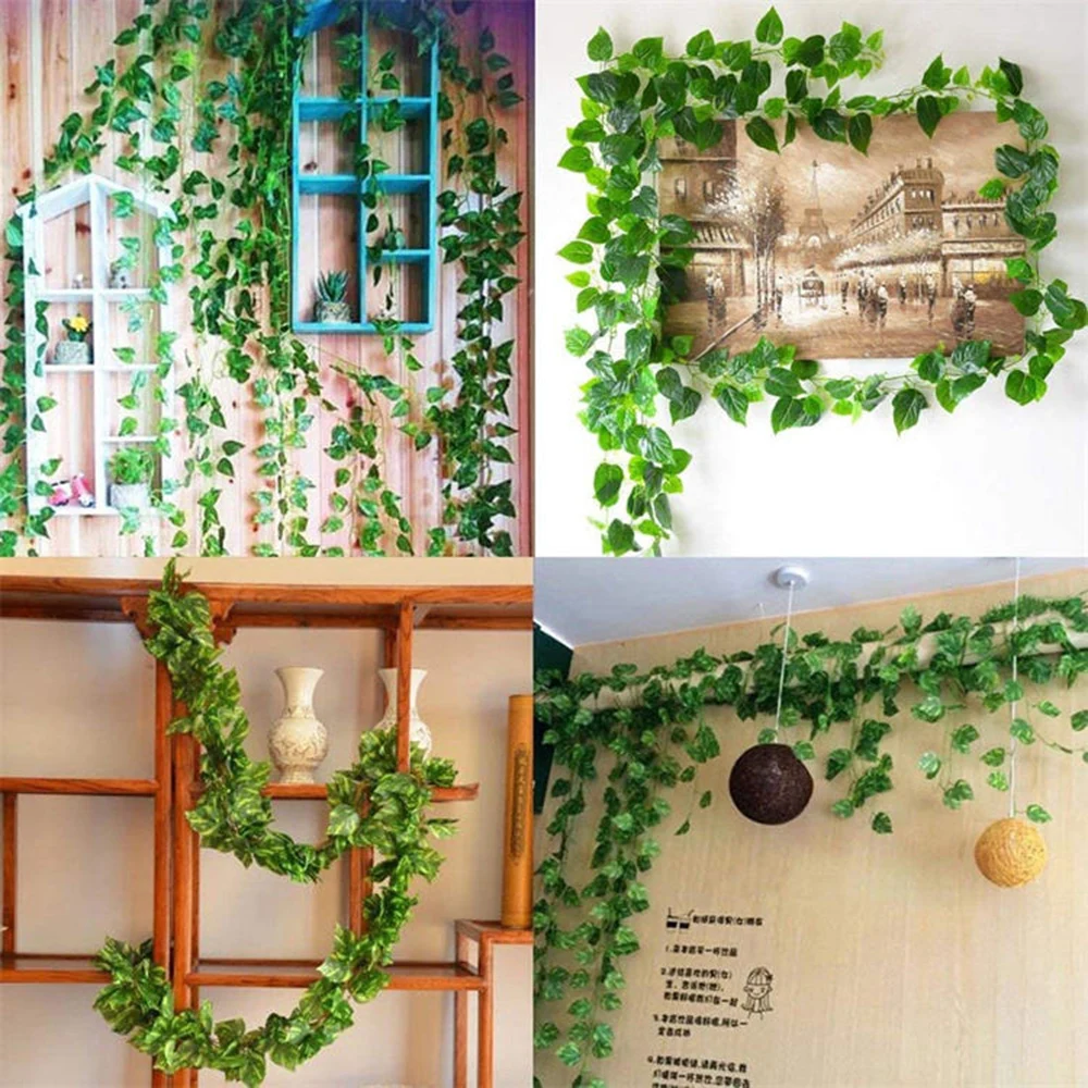 Planta Artificial de hiedra verde, guirnalda de hojas de seda para colgar en la pared, vid para decoración del hogar, jardín, fiesta de boda, hojas falsas, 2,1 M, 12 piezas