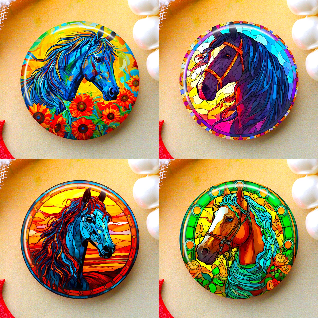 DIY Round Glass Cabochon Photo Set – Horse Design, Multiple Sizes