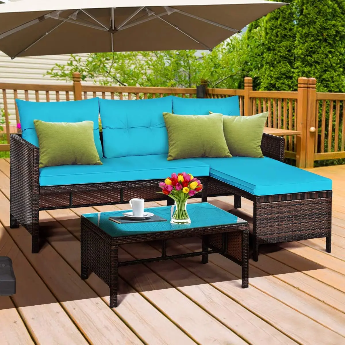 

3Piece Patio Furniture Set, Outdoor Rattan Sectional Sofa Set w/Seat Cushions, Coffee Table, Steel Frame Patio Wicker Rattan Set