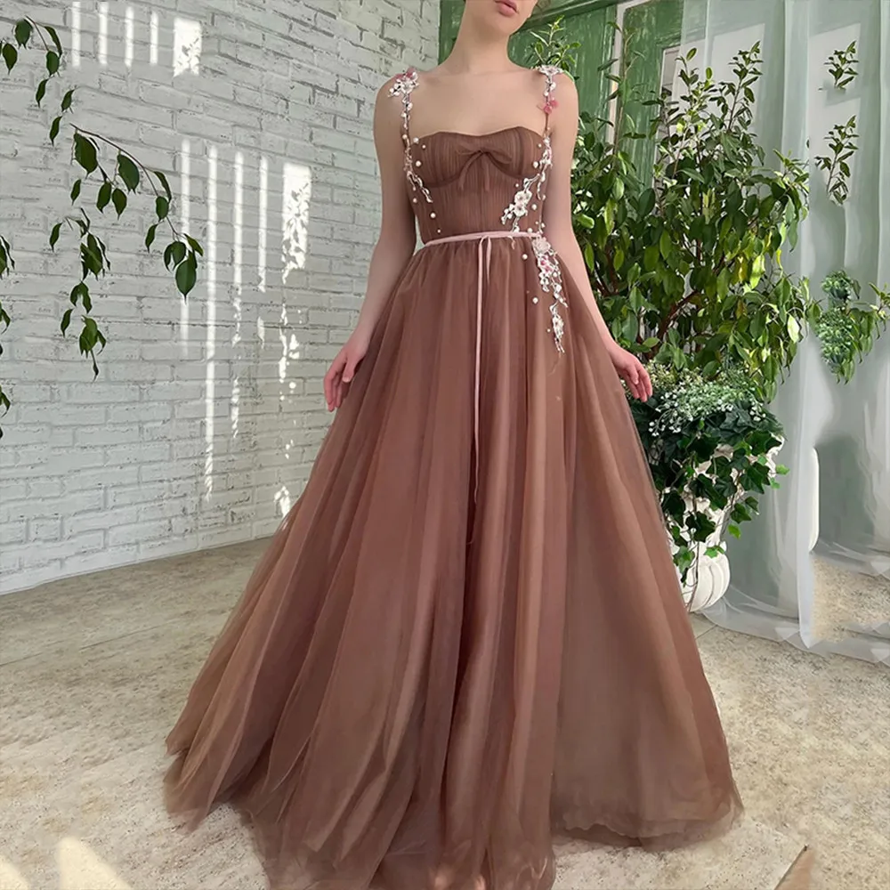 

Grey Tulle Spaghetti Straps 3D Floral Floor Length Prom Party Dress 15 year old quinceanera dresses Princess Sweetheart Evening