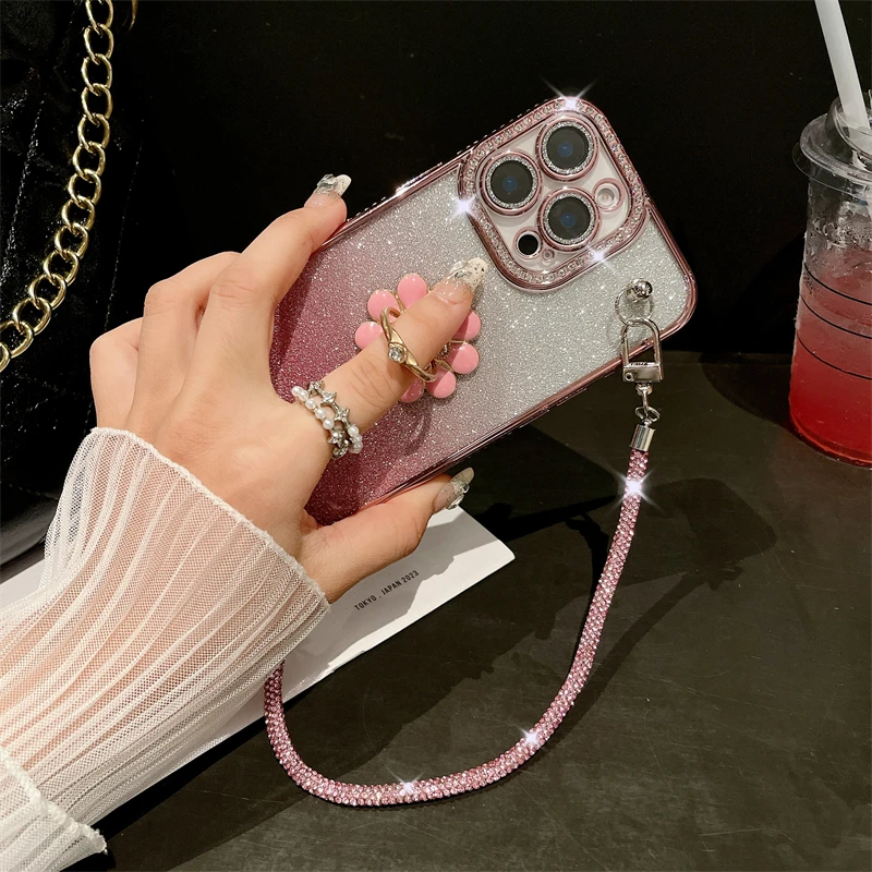 For iPhone 16 Pro Max Luxury Diamond Plating Flash Ring Holder Phone Case For iPhone 11 12 13 14 15 Plus Rhinestone Chain Cover