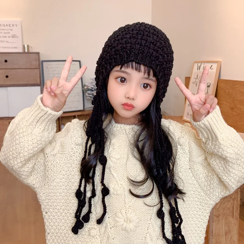 Tassel ladylike style ins children's woolen hats, trendy autumn and winter handmade girls' baby knitted ear protection hats