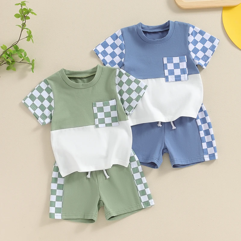 

2024-04-26 Lioraitiin Little Boys Summer Shorts Sets Short Sleeve Checkerboard Print Tops Drawstring Shorts Sets
