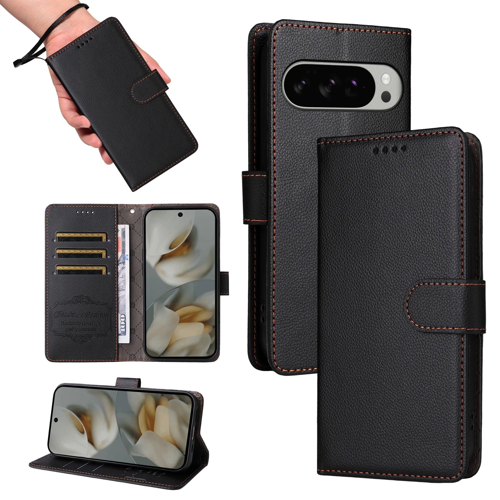 Luxury Litchi Pattern RFID Blocking Wallet Leather Case with Magnetic Flip Cover