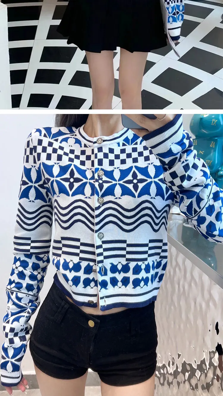 Description Picture 5 of itemJacquard Cropped Knit Cardigan Monogram Flower Tile Thick Sweater Luxury Brand Women Tops Autumn Winter Knitwear Coat Clothing