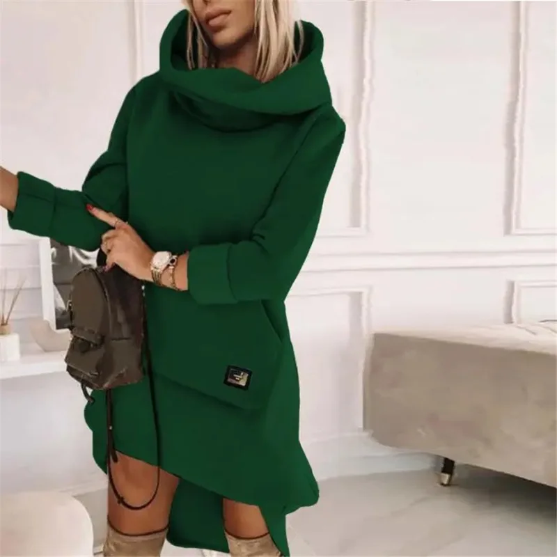 

Autumn & Winter New Woman Long Sleeved Hooded Pocket Loose Casual Sweater Dress Commuting Women's Fashion Pullover Dresses