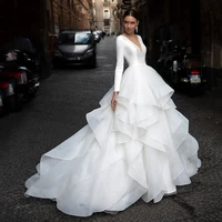 Gorgeous Wedding Dresses 2024 V-Neck Backless Modern Robes Long Sleeves Tiered Pleat Gowns Luxury Vestidos De Novia Customized 1