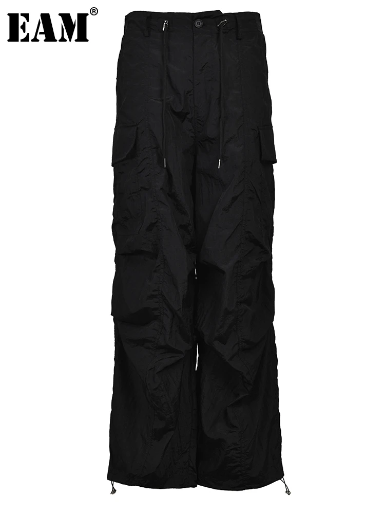 

[EAM] High Waist Black Vintage Drawstring Long Wide Pants New Loose Fit Trousers Women Fashion Tide Spring Autumn 2023 1DF9711
