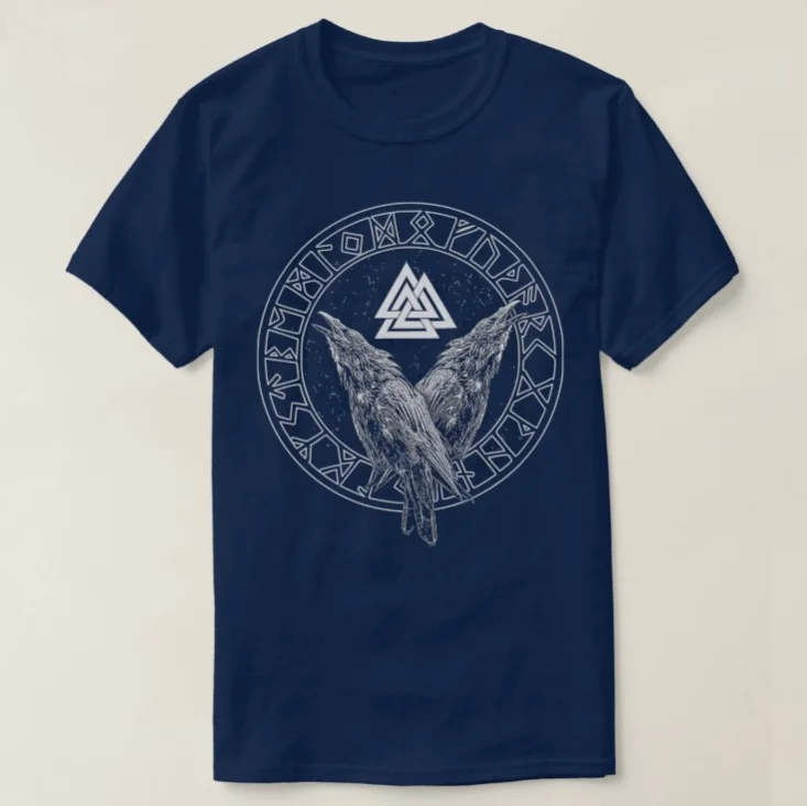 Vikingiess Rise Valknut Rune Hugin and Munin Odin Raven Cotton Short Sleeve O-Neck T-shirt Casual Mens Top