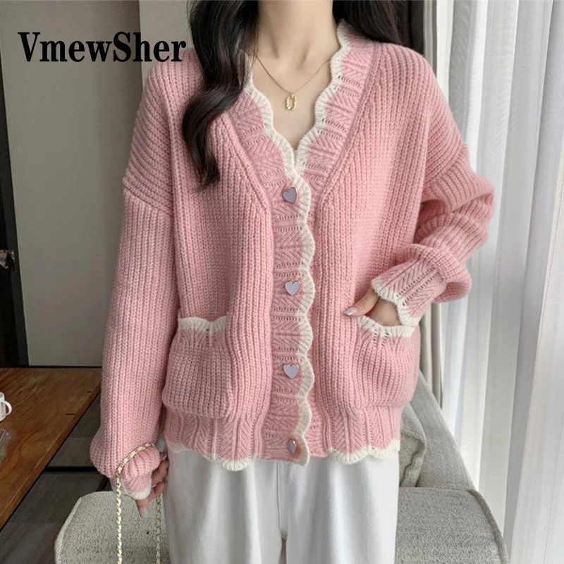 

VmewSher Sweet V-Neck Button Knitted Cardigan Women Long Sleeve Sweater Top 2023 Autumn Contrast Color Pockets Loose Knitwear