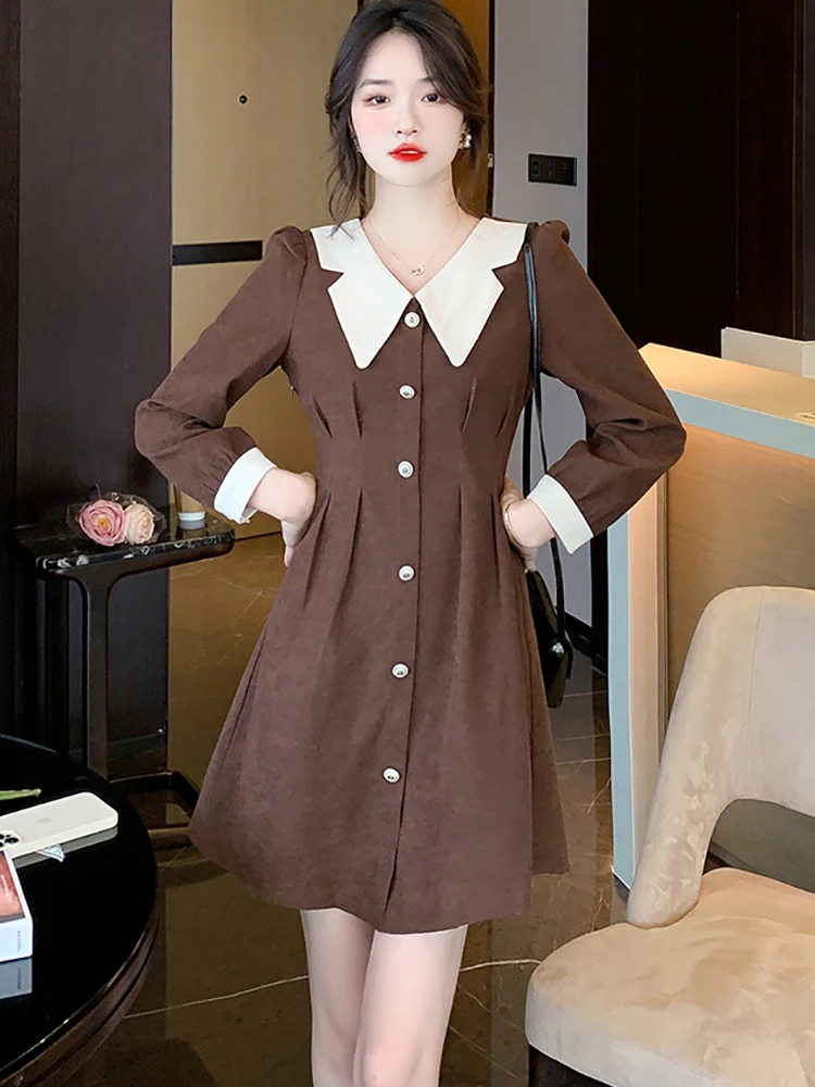 

Осенне-зимнее однотонное офисное женское платье 2024, корейское элегантное женское повседневное платье, модное женское мини-платье с длинным рукавом и кукольным воротником