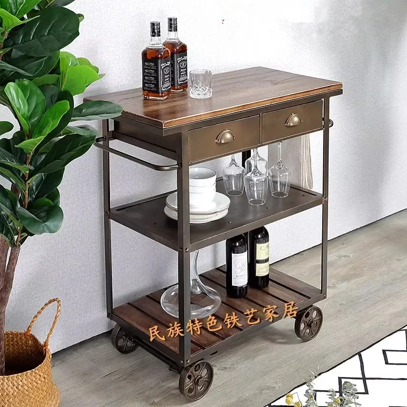 American retro solid wood wrought iron movable with wheels, side cabinet, dining cart, restaurant dining table, kitchen cooking