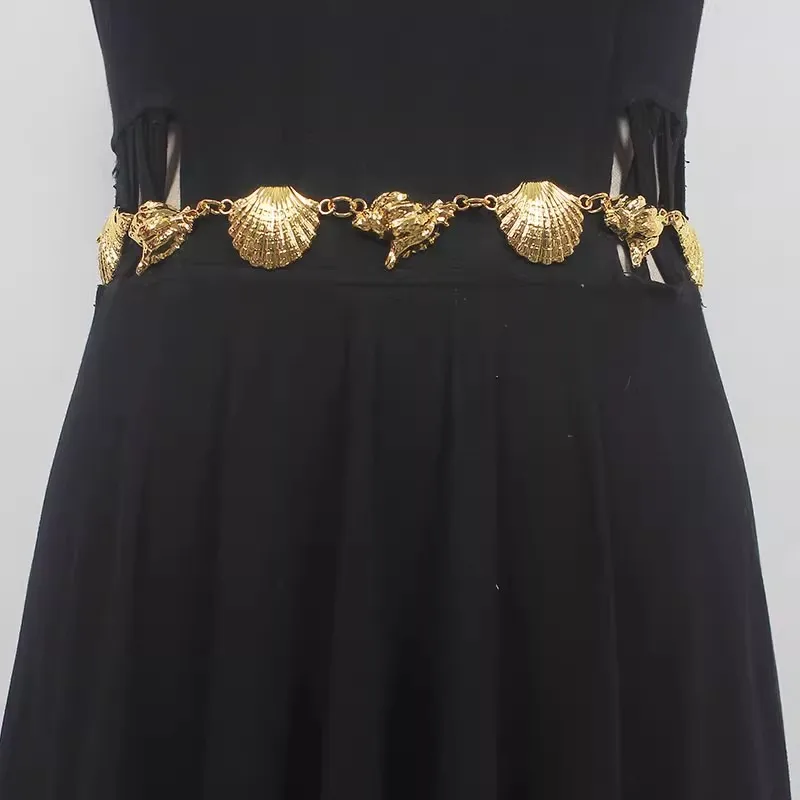 

Women's Runway Fashion Gold Silver Chain Cummerbunds Female Dress Corsets Waistband Belts Decoration Narrow Belt R491