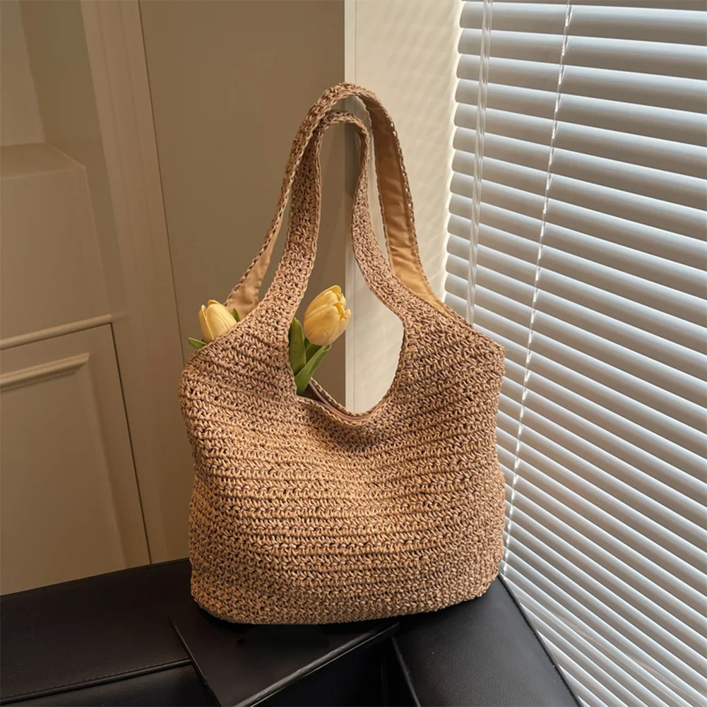 Large Summer Shoulder Bag with Zipper Woven Tote Bag Handbag Shoulder Purse for Women Travel Vacation