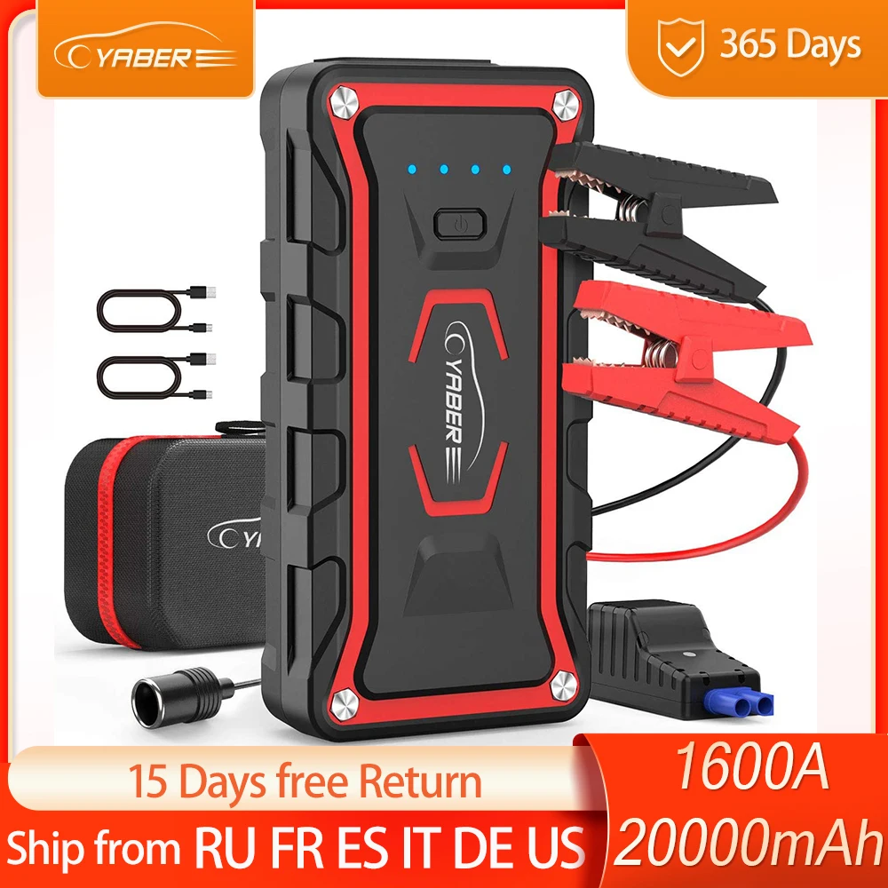 YABER 1600A Car Jump Starter 20000mAh Power Bank Portable Car Battery Auto Car Emergency Booster for All Gasoline &7L Diesel
