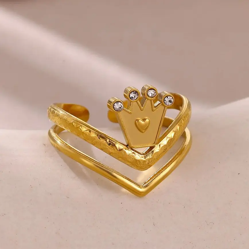 Elegant Zircon Crown Rings Gold Color Stainless Steel Adjustable