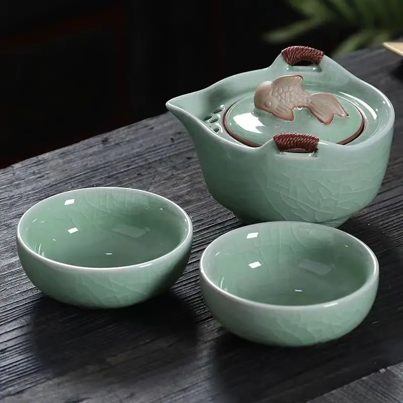 Portable Ge Kiln Ceramic Travel Tea Set 1 Teapot 2 Teacup Car Mounted Tea Set Gaiwan Cups and Mugs Yixing Kettle Cute Cup Pot