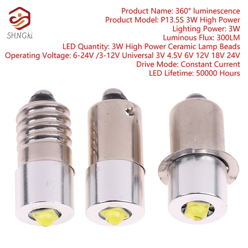 

P13.5S E10 BA9S 6-24V 3W White Light High Power LED Flashlight Bulbs 1SMD Emergency Work Lamp Torches Accessories 230-250LM