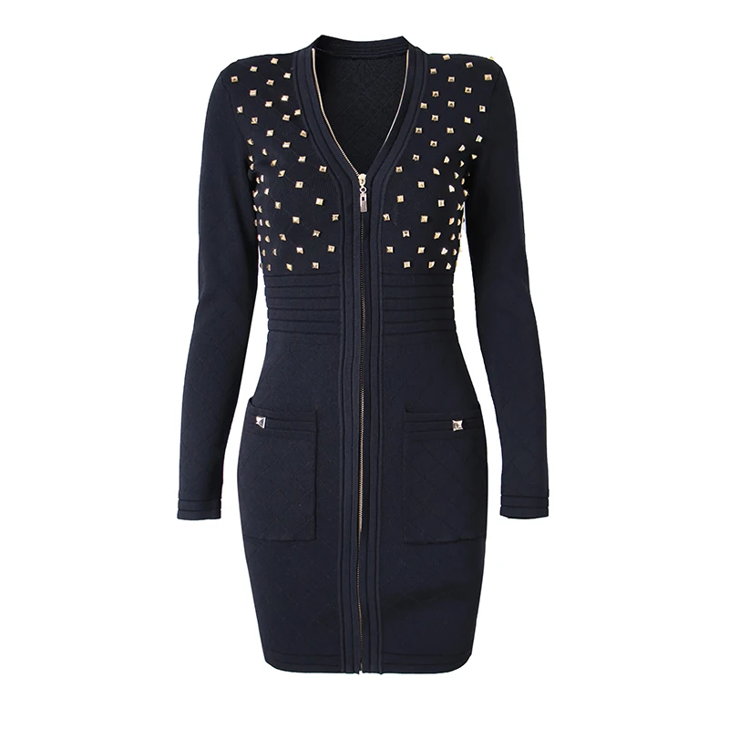 

Потрясающее клетчатое вязаное мини-платье с бриллиантовым узором на молнии и металлическими заклепками, свежий зеленый цвет, высокая уличная женская одежда