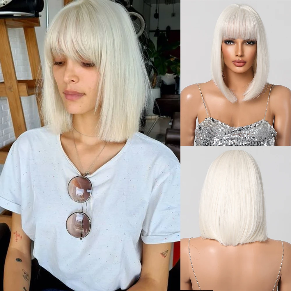 

Короткий синтетический парик Боб, белый светлый парик с челкой, прямые тупые острые волосы, косплей лолиты, парик для женщин, термостойкий, повседневный