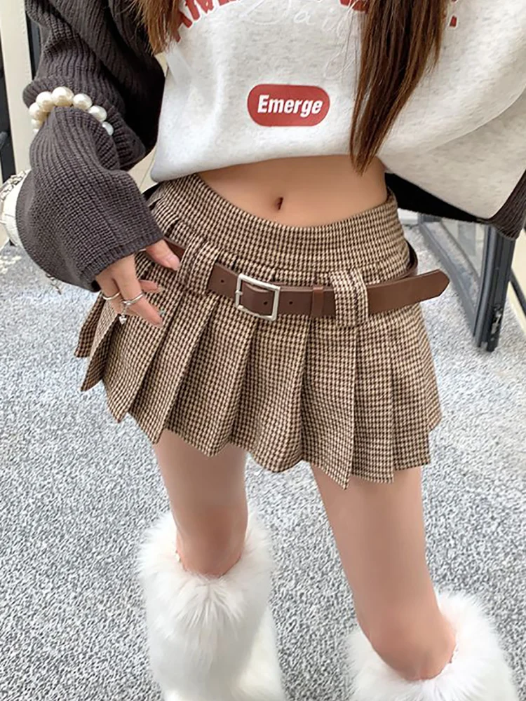 

HOUZHOU Vintage Brown Plaid Skirt Women Autumn Winter High Waist Belt Korean Houndstooth A-line Pleated Mini Skirt Preppy Style