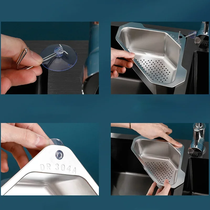 Triangle Drain Basket Kitchen Sink Drain Basket Stainless Steel Basket Colanders Food Vegetables Filter Storage Basket Organizer