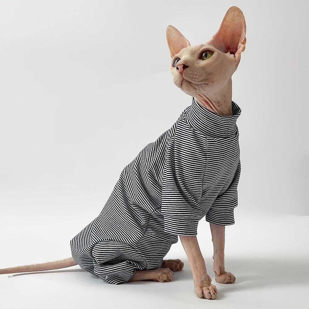 Pet Clothes Sphynx Cat Leisure Stripe 4-legged Cotton Comfortable Hairless Cat Outfits Soft Winter Warm Devon Kornish