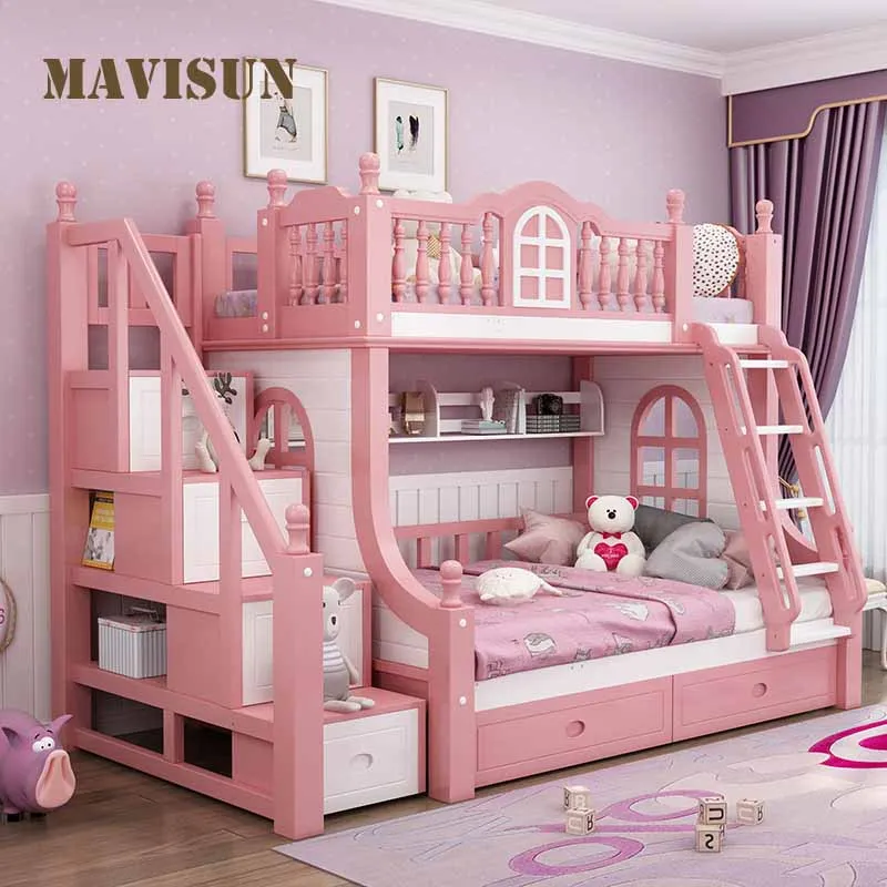 Nordic Style All Solid Wood Bunk Bed With Slide Princess Up Down