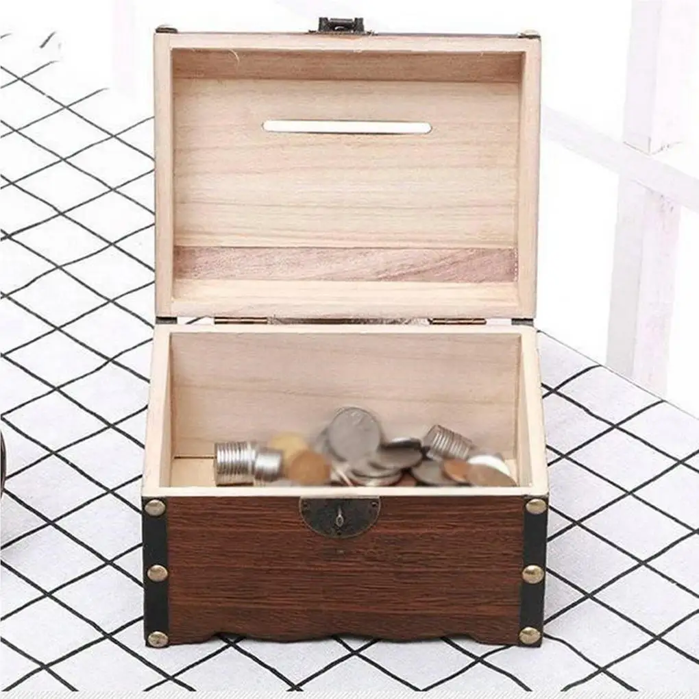 Cofre del tesoro vintage de madera hucha para monedas joyas_voghion.com