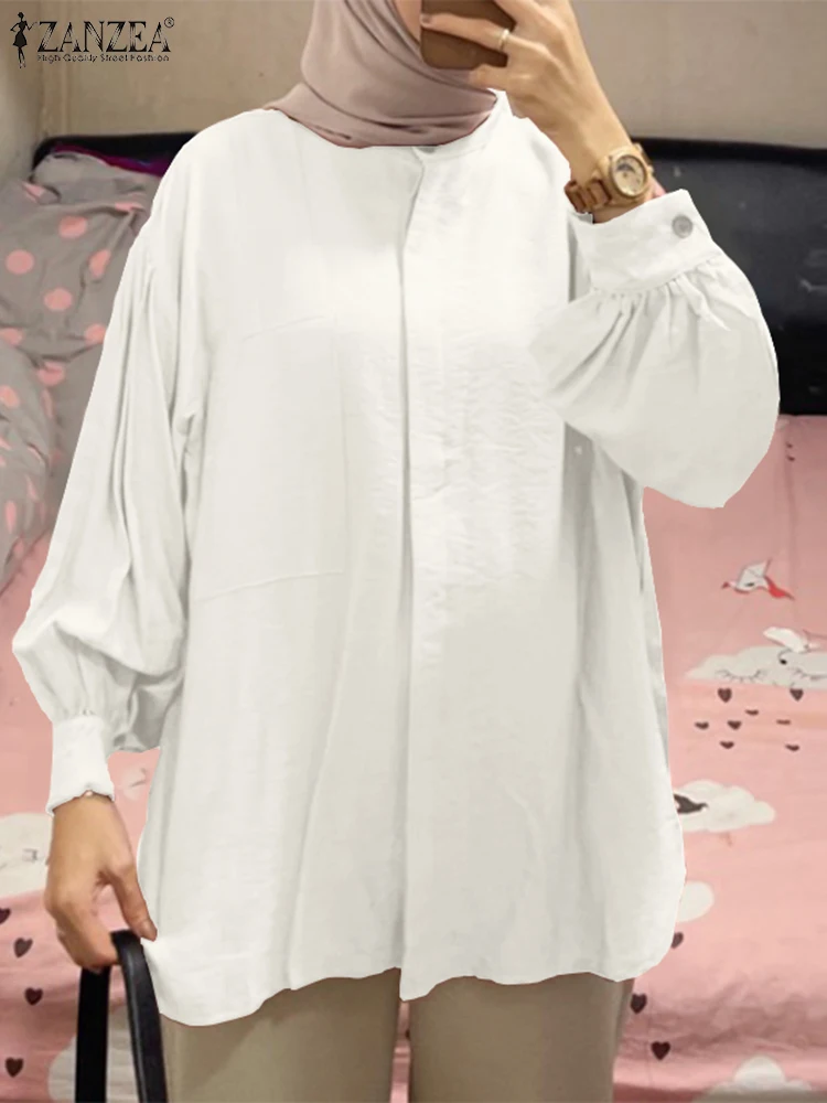 

ZANZEA Autumn Fashion Puff Sleeve Muslim Blouse O-Neck Tunic Tops Elegant OL Office Islamic Clothing Vintage Turkey Hijab Shirt