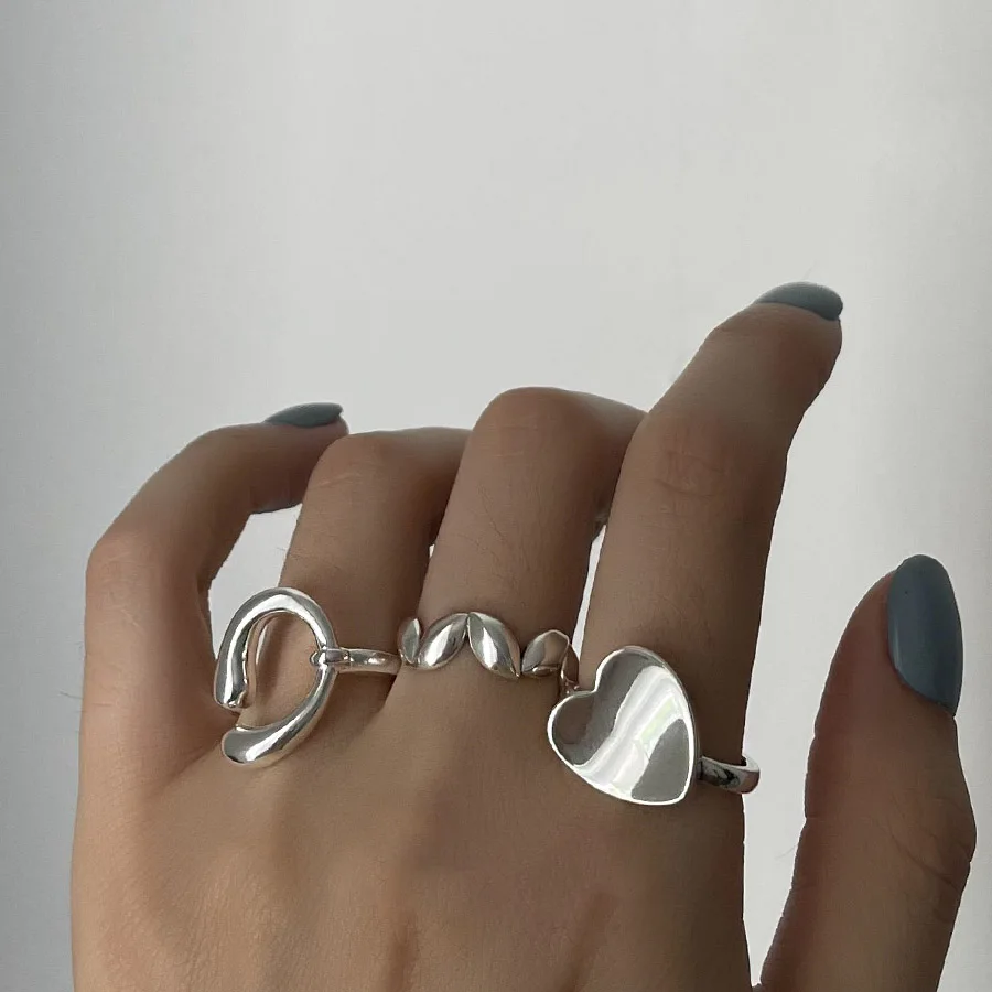 

New Trendy Minimalism Silver Irregular Oval Geometric Rings Heart Shape for Women Chain Vintage Fine Jewelry Accessories Gift
