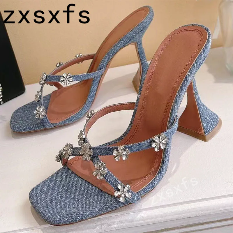 

Мюли женские атласные, туфли на каблуке, без застежки, с открытым носком, пикантные вечерние туфли, хрустальный кубок, лето 2022