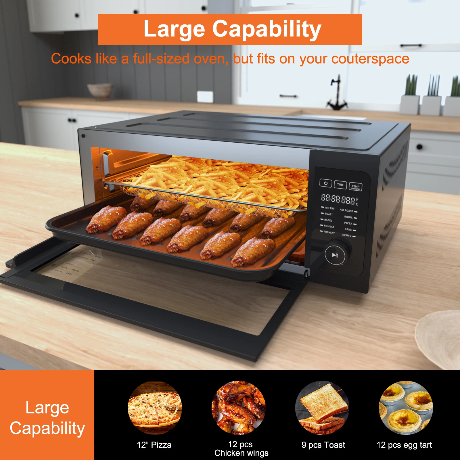 1800W Air Fryer Toaster Oven, Fabuletta 10-in-1 Countertop Convection Air Fryer Oven,Flip Up & Away Capability for Storage Space 5