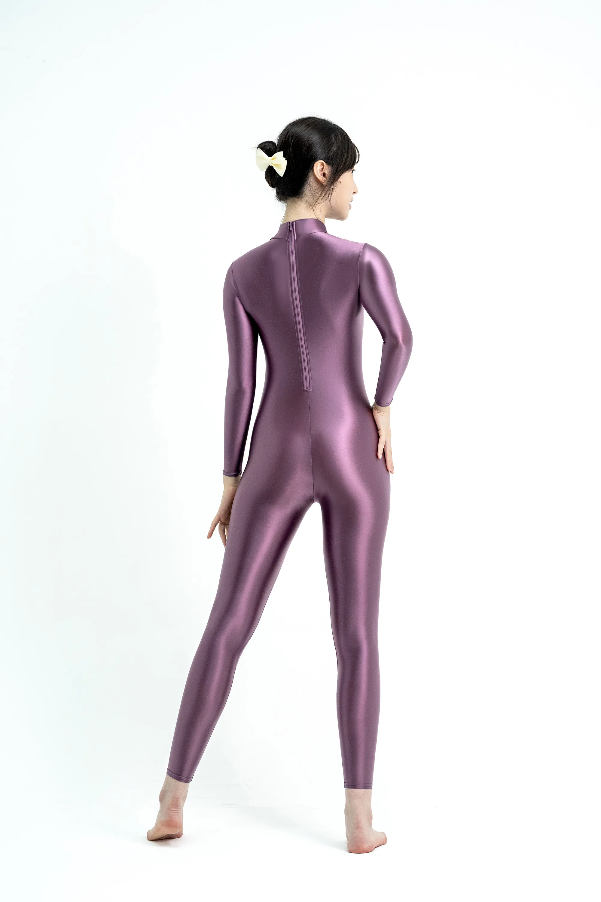 XcloCKNYoung Satin-Glanz-Bodysuit mit Ölglanz, hohem Hals und Reißverschluss, langärmlig, eng anliegende Hose, Seiden-Trikot, glänzender Badeanzug, Neoprenanzug – Detail 7