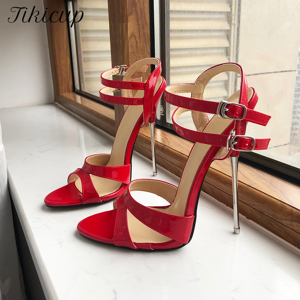 

Tikicup 16cm Extremely High Heel Women Ankle Strap Red Stiletto Sandals Sexy Open Toe Summer Shoes Wide Leg Plus Size 35-46