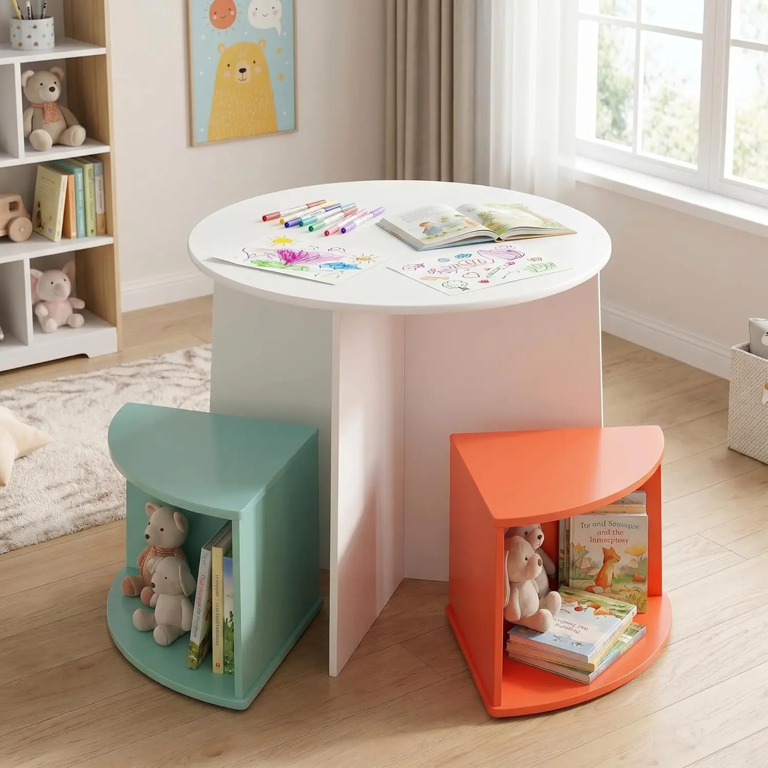 Kids Round Table & Chair Set with 4 Storage Stools - Space-Saving Activity Table for Playroom, Art, Craft, Reading & Dining