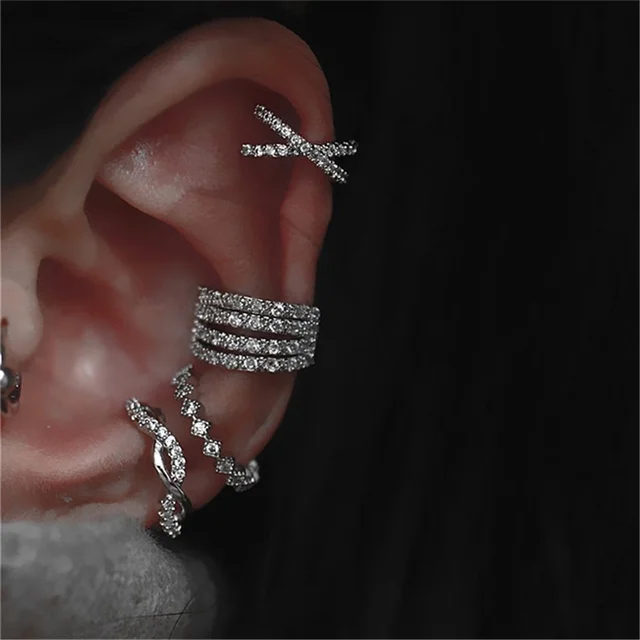 4Pcs/set Creative Silver Color Zirconia Clip on Earrings for Women Geometric Ear Cuff Without Piercing Girl Jewelry 1