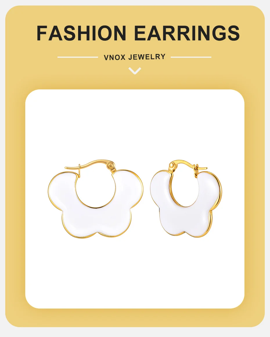 Vnox Trendige Edelstahl-Blumenohrringe mit Weißer Lackierung für Damen, Vergoldete Weiße Tropfenglasur-Ohrstecker, Schmuck – Detail 1