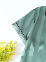 Ensemble deux pièces en Satin à revers rayé, haut à manches courtes avec poches et Short à nœud, pyjama pour femmes, vêtements de détente, adapté à un usage domestique 4