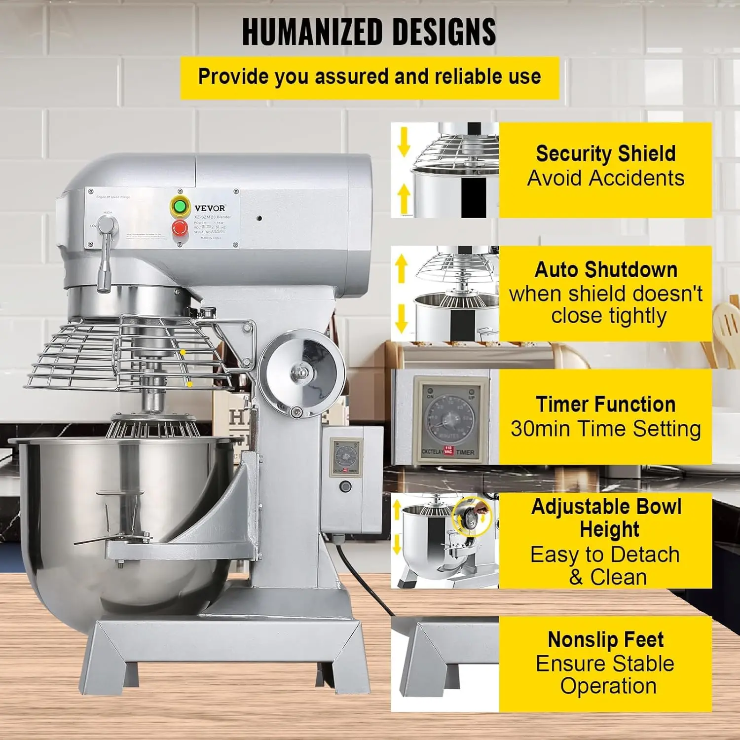 15Qt Commercial Food Mixer with Timing Function， Commercial Mixer 500W Stainless Steel Bowl Heavy Duty Electric Food Mi 6