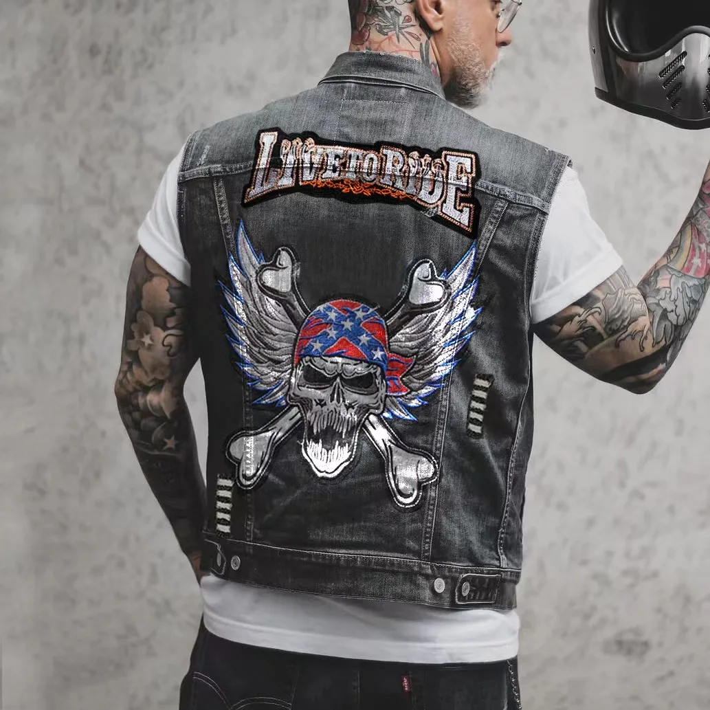 New Men's Denim Vest Printed Tribal Style Top, Men's Sportswear, Men's Denim Vest, Motorcycle Vest, Motorcycle Casual Jeans