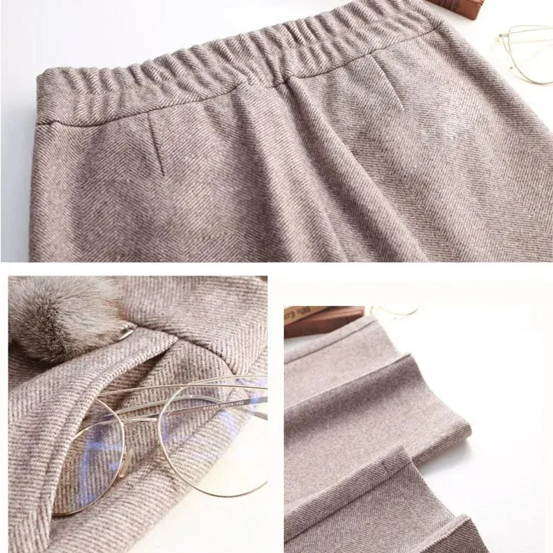 우아한 모직 혼합 넓은 다리 바지 사무실 레이디 높은 허리 스트레이트 Pantalones 가을 겨울 발목 길이 대형 4xl 바지