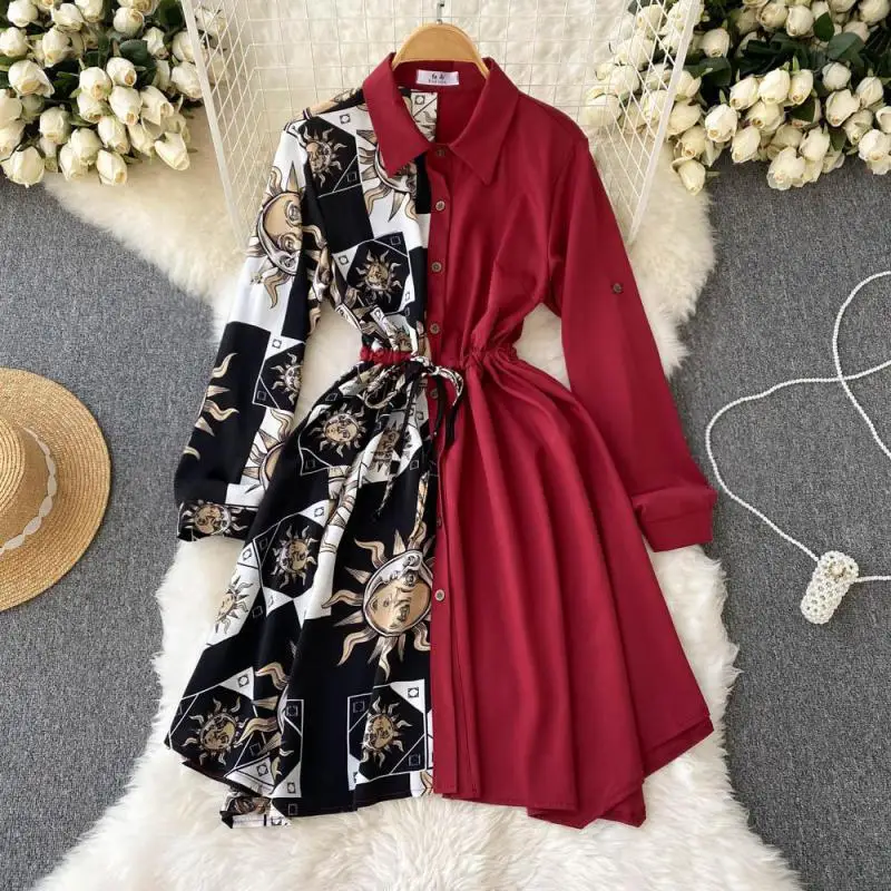 

Elegant Dress Stitching Fashion Retro Long Sleeved Slimming Office Lady Single Breasted Womens Dresses Color Matching Vestidos