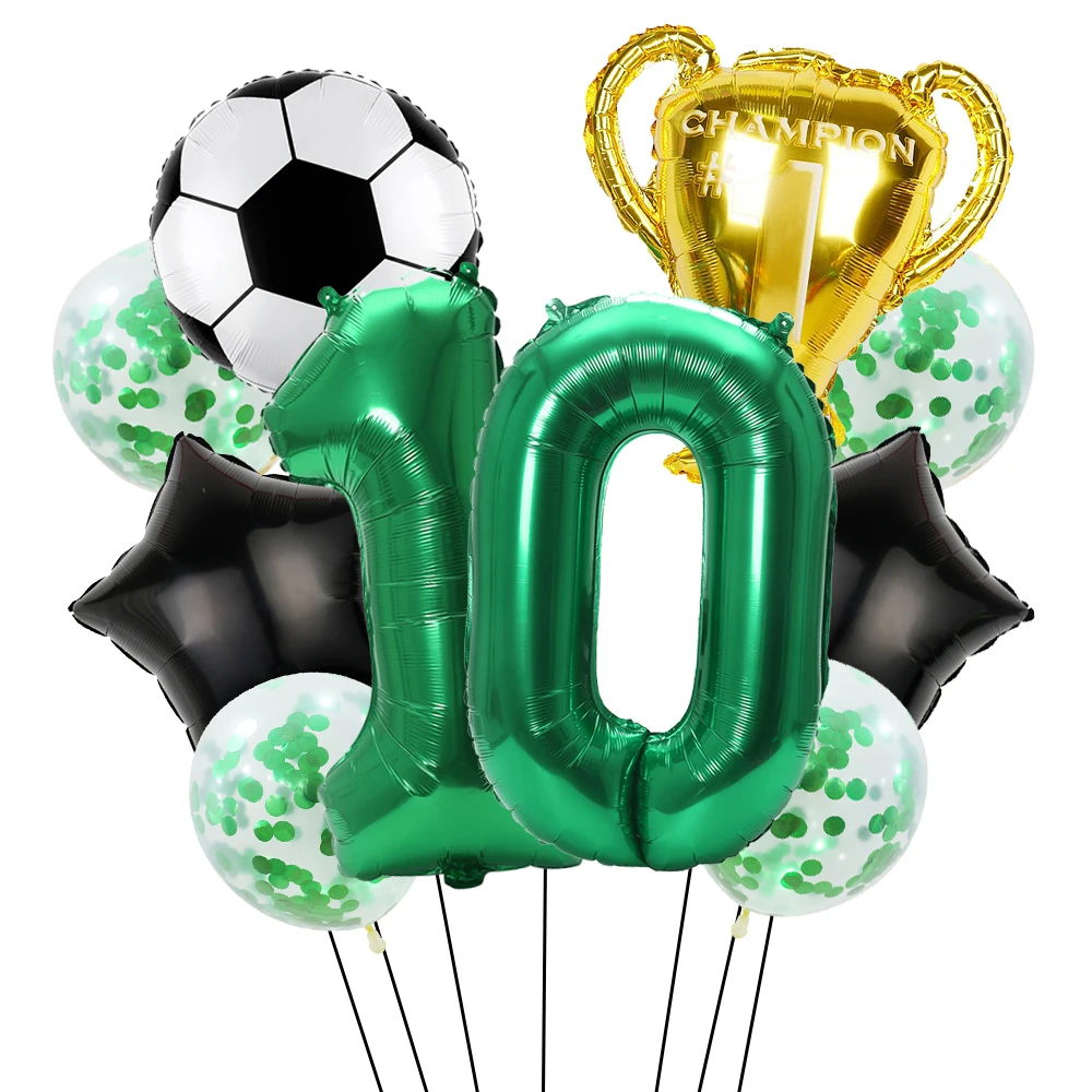 9-teiliges Fußball-Geburtstagsparty-Dekorationsset, Fußballballons und 32 Zoll große grüne Zahlenballons, Fußball-Partyzubehör – Detail 1