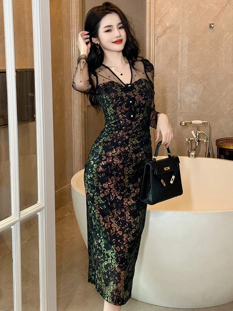 green emerald velvet dress Black Square Neck Long Sleeves Shiny Colorful Mesh Formal Dress