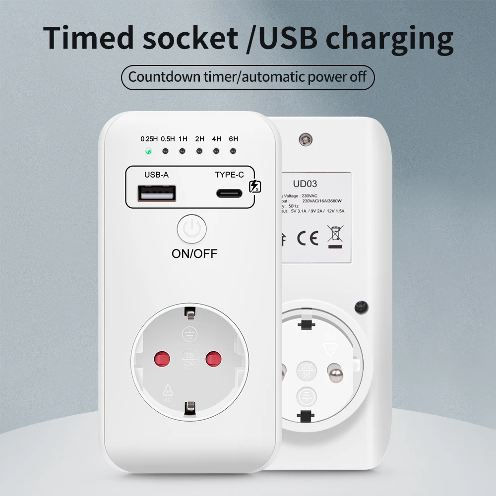 New Smart Timing Socket Controller Automatic Power-off Programmable Countdown Timer Switch 230V Charger With USB Type-C 6