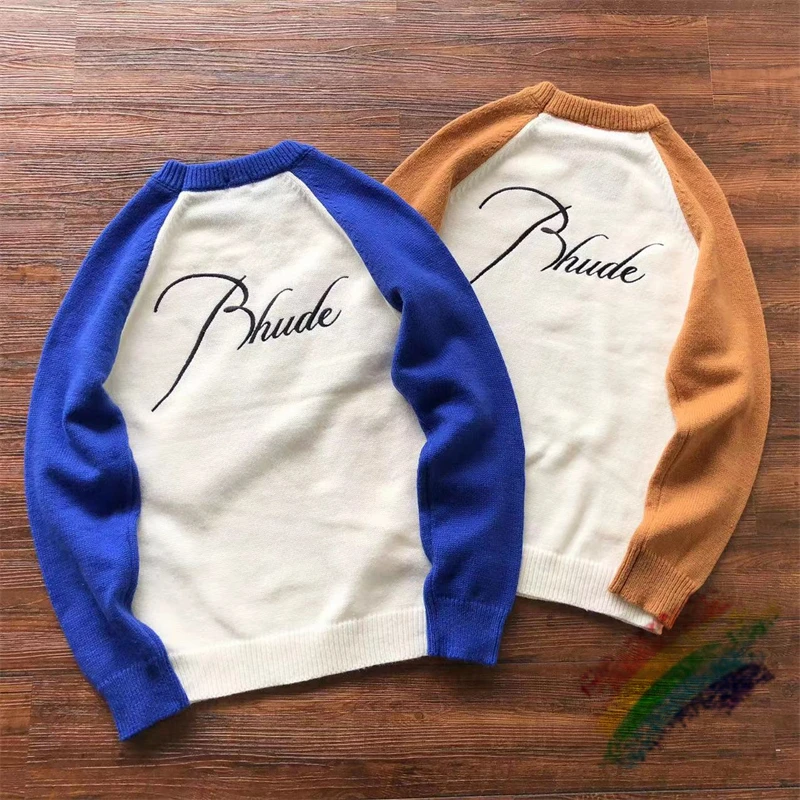 

Patchwork Rhude Jacquard Embroidered Sweater Men Women Round Neck Knit Sweatshirts