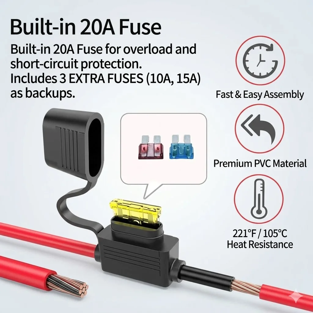 2피트 14AWG SAE 전원 소켓 측벽 포트 - O 링 커넥터 연장 코드 케이블 (10A, 15A, 20A 퓨즈 포함, 태양광 발전기용)