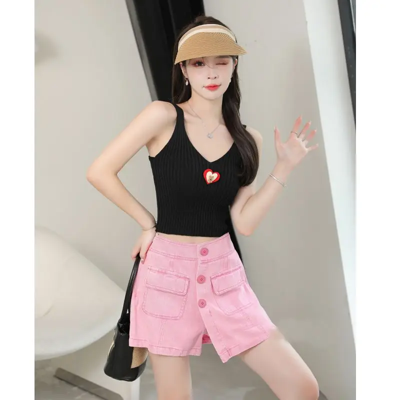 Small Flower Breasted High Waisted Denim Short Skirt for Women in Summer Loose Wide Leg Versatile A-line Spicy Girl