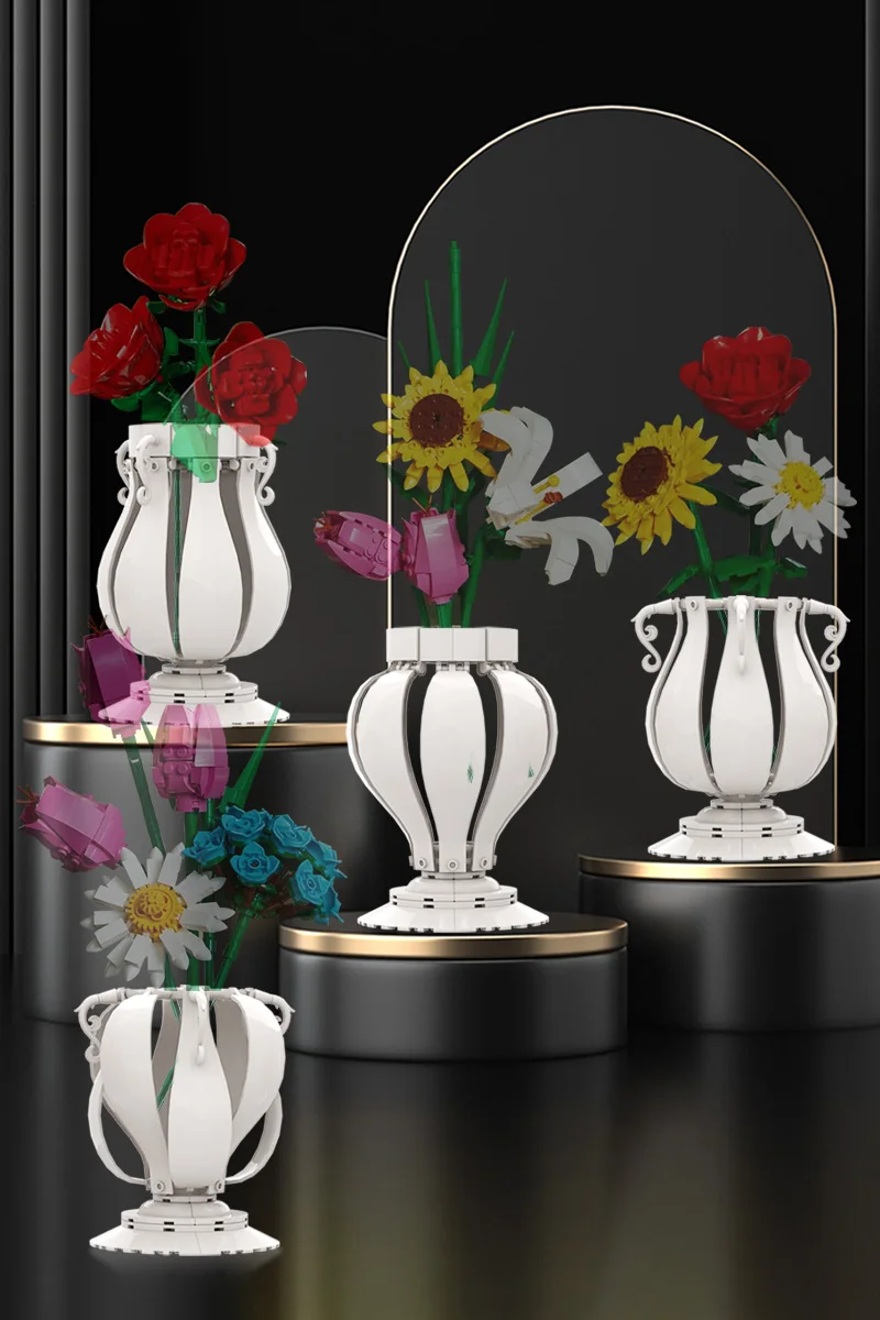 MOC Vase Modell Bausteine 4 in 1 Weiße Vase Frische Rose Blumenstrauß DIY Designer Vase Ziegel Spielzeug Erwachsene Geschenk – Detail 1